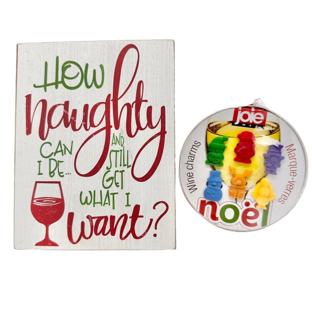 Holiday Decor Wine Themed Bundle Wooden Sign and Joie Noel Wine Charms Set
